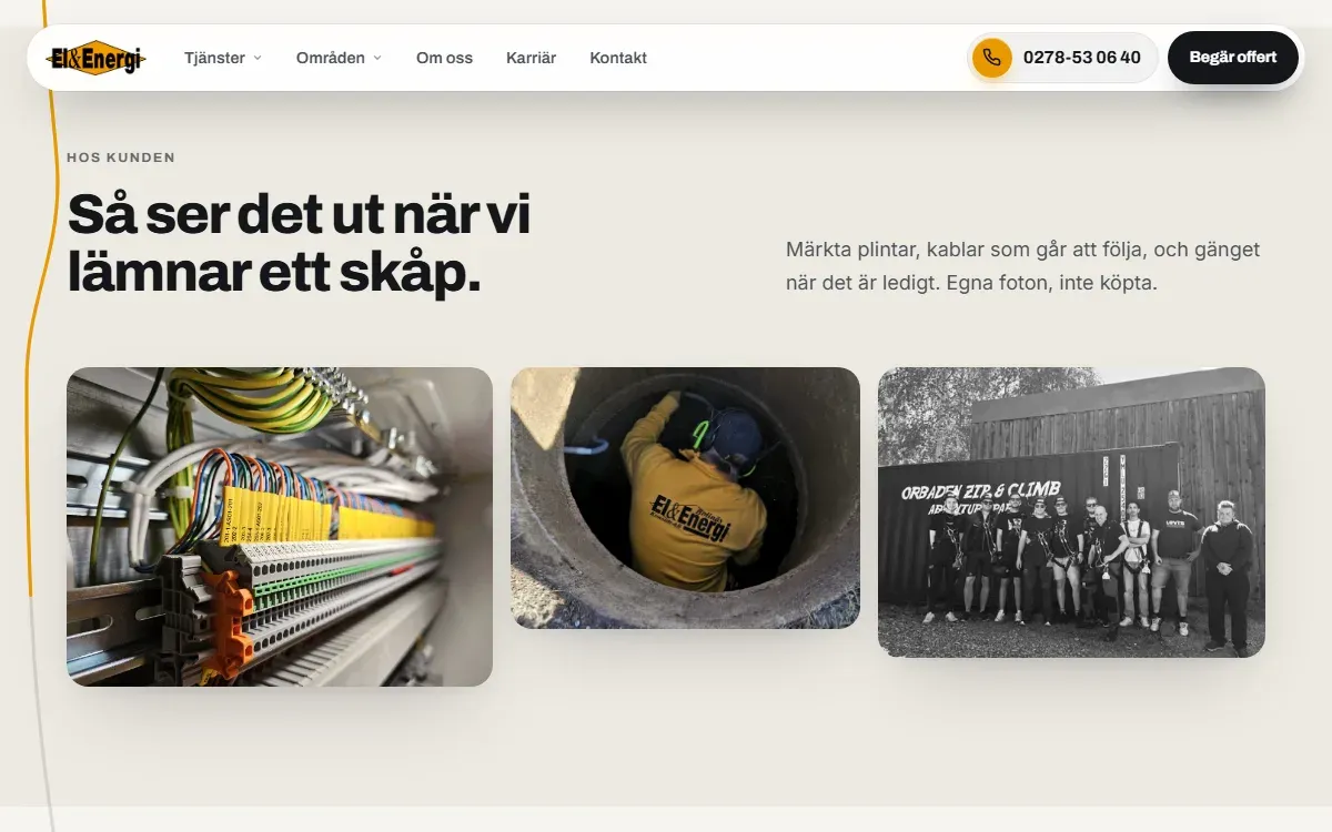Bollnäs El & Energikonsult AB:s nya hemsida · foton från elskåp och jobb