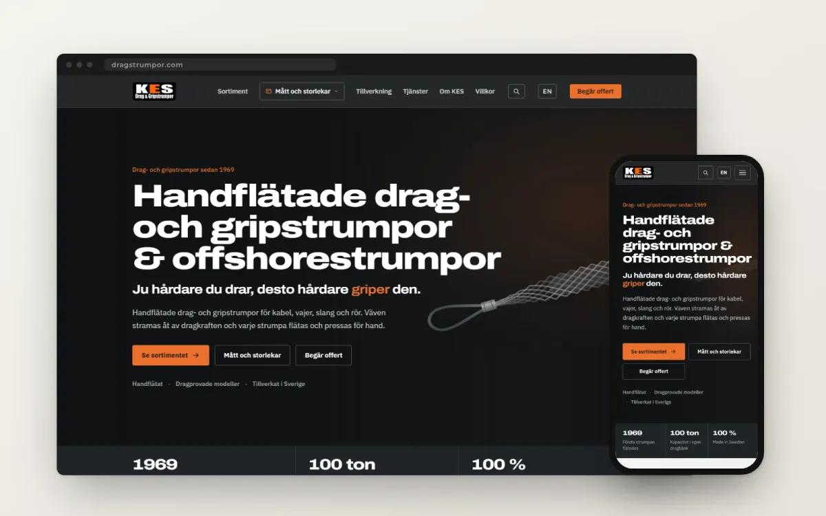 Skärmdump av KES Drag & Gripstrumpors sajt