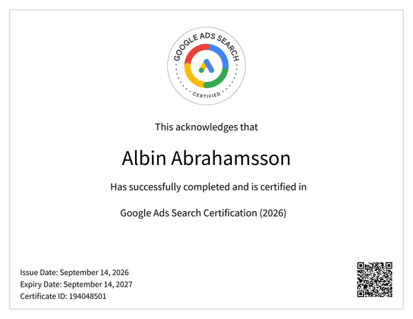 Google Ads Search-certifikat för Albin Abrahamsson