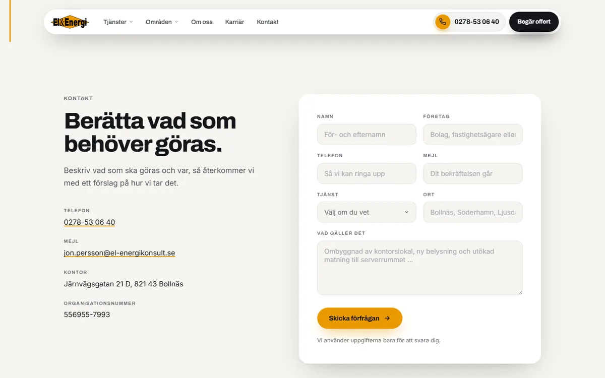 Skärmdump: kontaktuppgifterna och offertformuläret