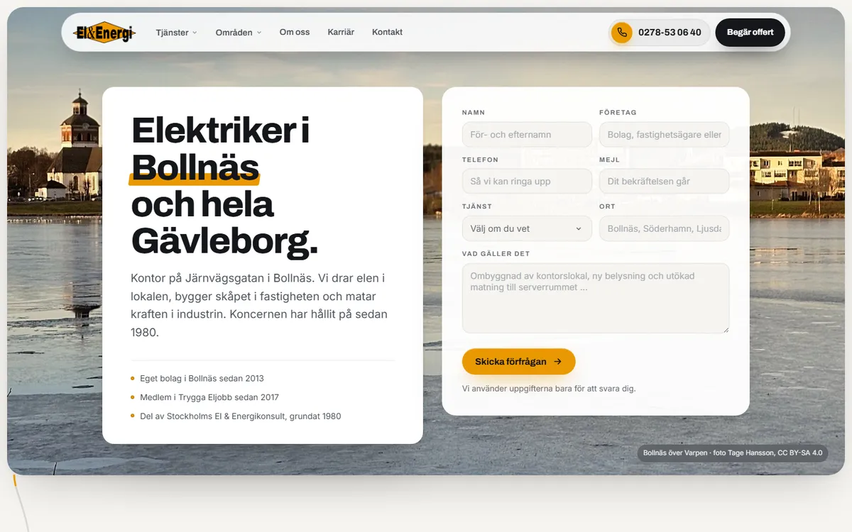 Skärmdump: startvyn på bollnas-elenergi.se