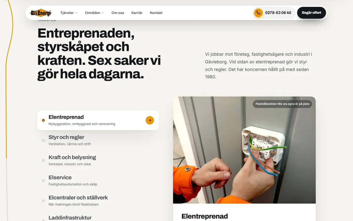 Skärmdump: de sex tjänsterna, med elentreprenad valt