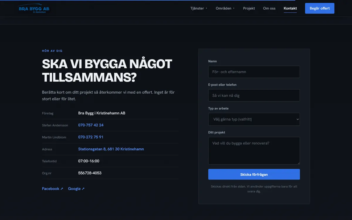 Screenshot: the contact details and quote form