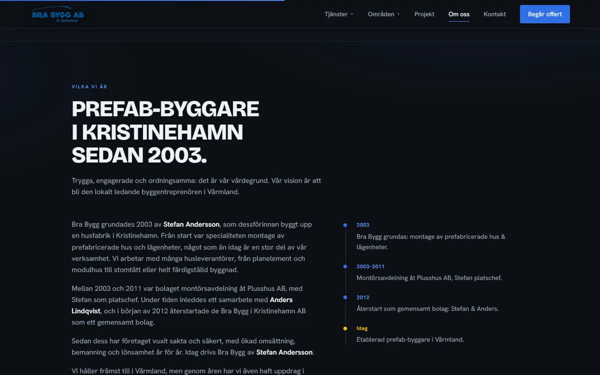 Screenshot: the section about Bra Bygg since 2003