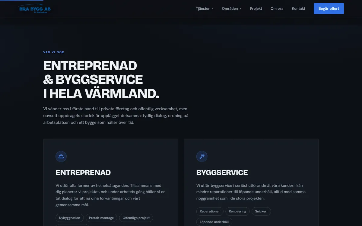 Screenshot: the contracting and construction services