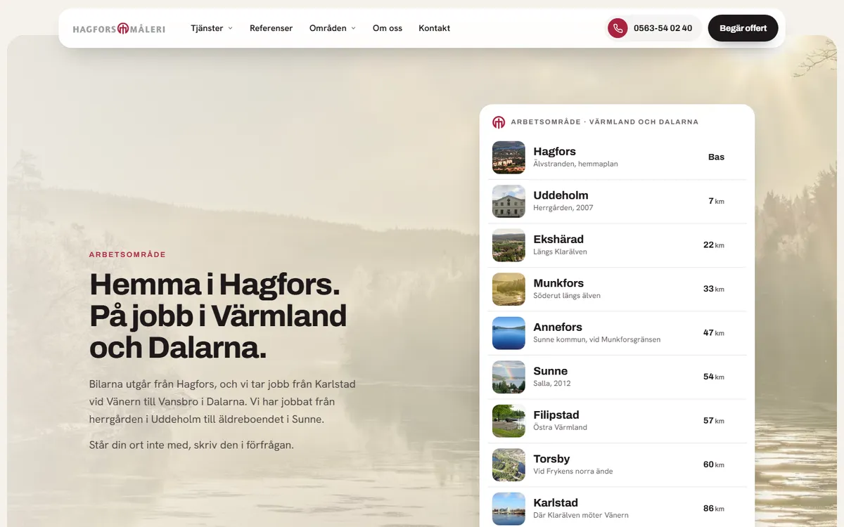 Skärmdump: arbetsområdet med orter och körsträcka från Hagfors
