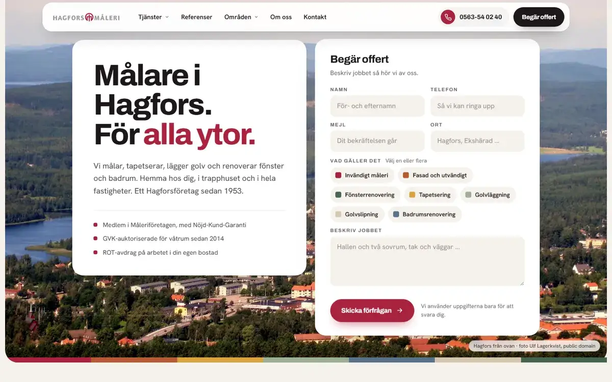 Skärmdump: startvyn på hagforsmaleri.se