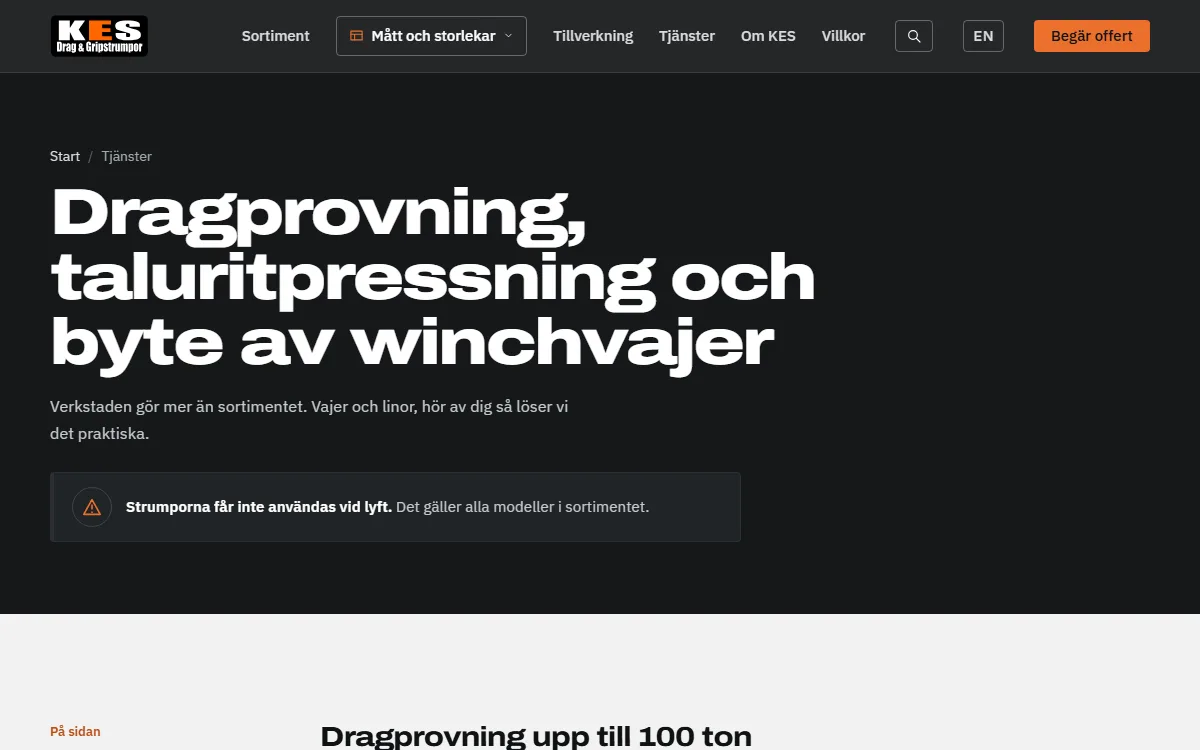 Skärmdump: tjänstesidan med dragprovning och pressning