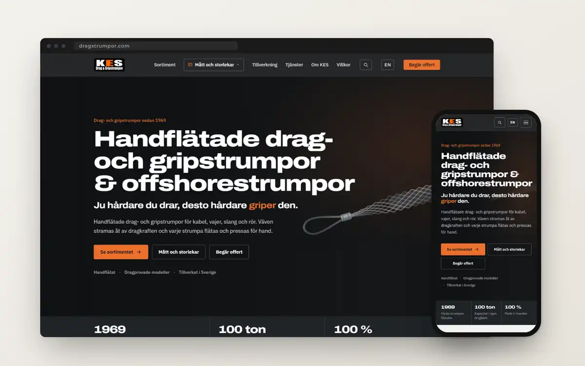 Skärmdump av KES Drag & Gripstrumpors sajt