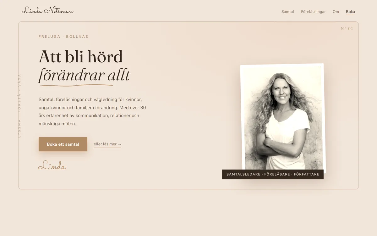 Screenshot: the start view on Linda Netsman's site