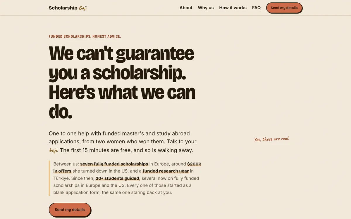 Skärmdump: startvyn på scholarshipbaji.eu