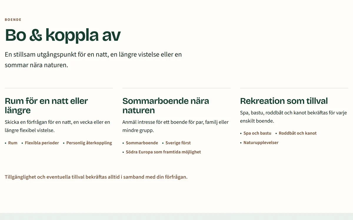 Skärmdump: sektionen om boendet