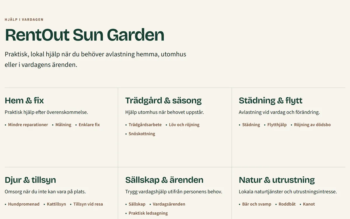 Skärmdump: RentOut Sun Garden, vardagshjälpen