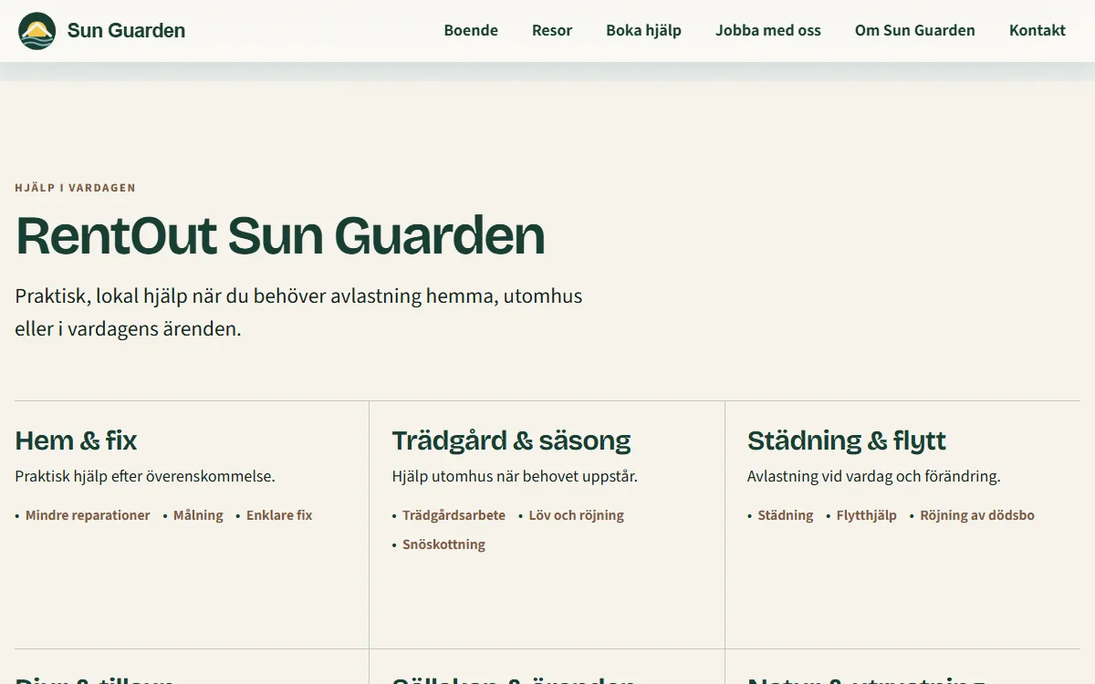 Skärmdump: RentOut Sun Guarden, vardagshjälpen