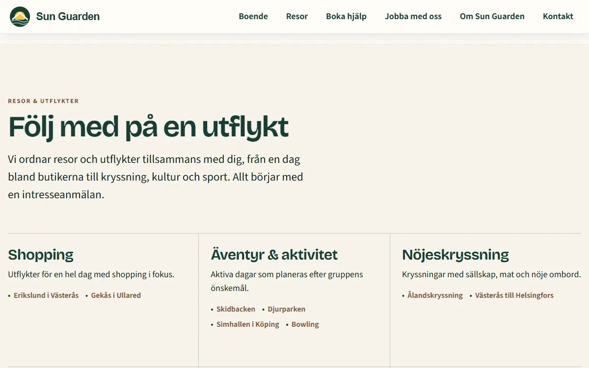 Skärmdump: sektionen Resor och utflykter