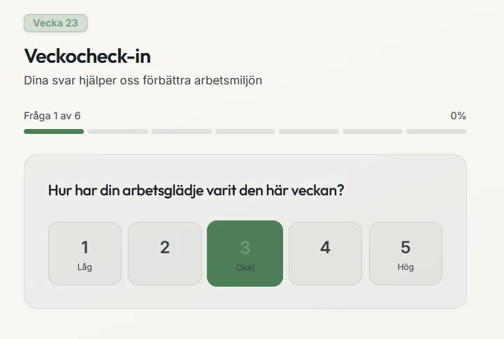 Veckocheck-in i LoopLead — medarbetaren skattar sin arbetsglädje